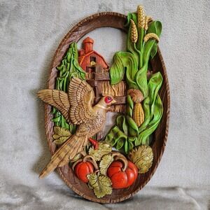Vtg 1974 Burwood Products‎ Barn Pheasant Corn Stalks Pumpkin Farm Chalkware Fall